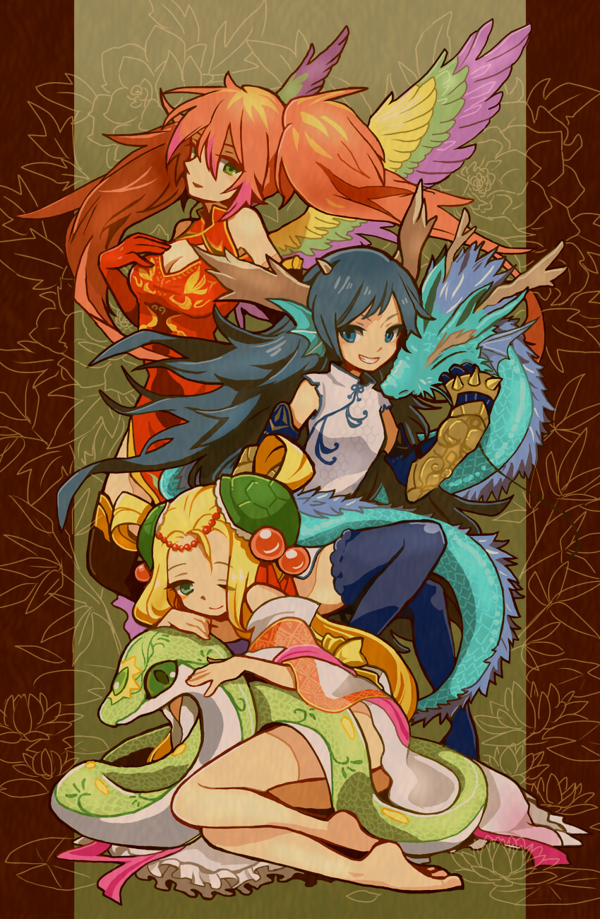 3girls, blonde_hair, blue_hair, breasts, china_dress, chinese_clothes, cleavage, cleavage_cutout