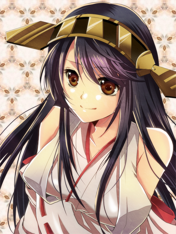 1girl, bare_shoulders, black_hair, brown_eyes, detached_sleeves, hairband, haruna_(kantai_collection), headgear