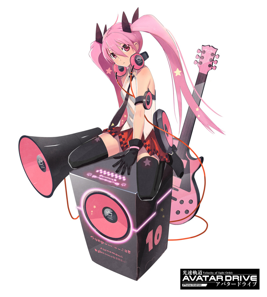 1girl, amplifier, black_gloves, black_legwear, boots, copyright_name, electric_guitar, gloves