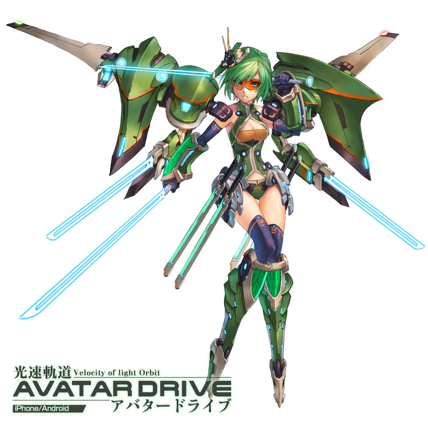 1girl, cleavage_cutout, copyright_name, green_eyes, green_hair, highres, kousoku_kidou_avatar_drive, mask