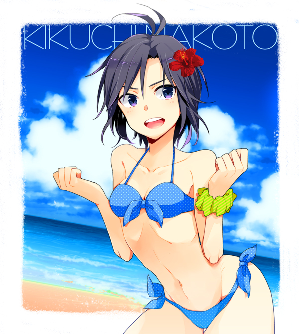 1girl, beach, bikini, black_hair, idolmaster, kikuchi_makoto, short_hair, swimsuit