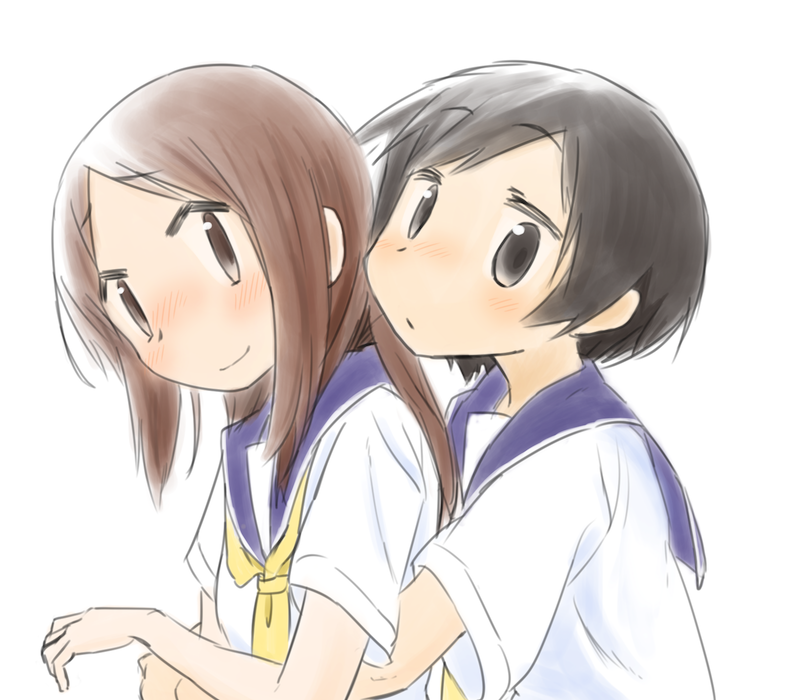 2girls, black_eyes, black_hair, blush, brown_eyes, brown_hair, hasegawa_fumi, hug