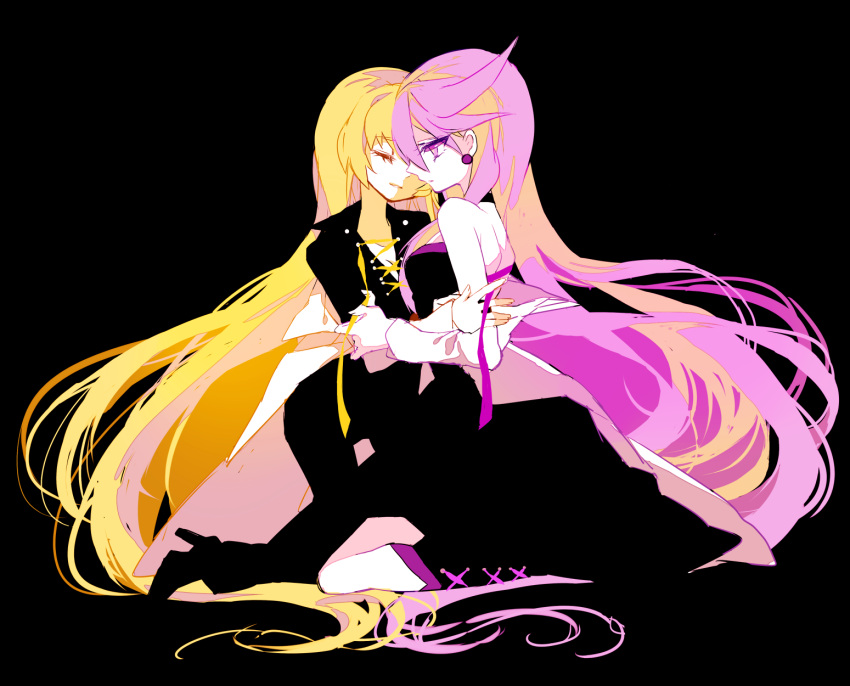 2girls, bare_shoulders, black_background, blonde_hair, closed_eyes, couple, cure_moonlight_mirage, cure_sunshine_mirage
