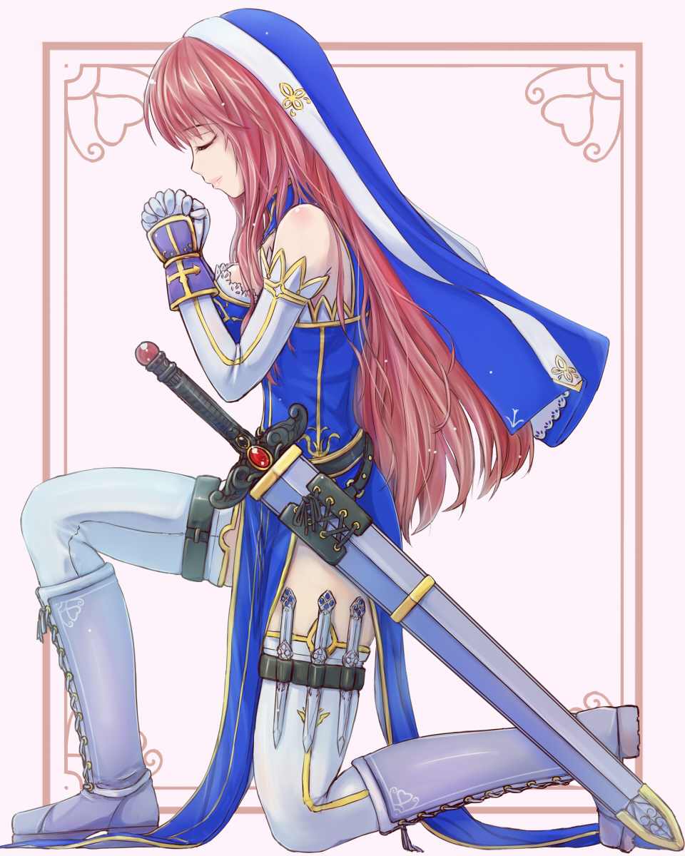 1girl, bare_shoulders, blue_dress, boots, brown_hair, closed_eyes, dress, habit