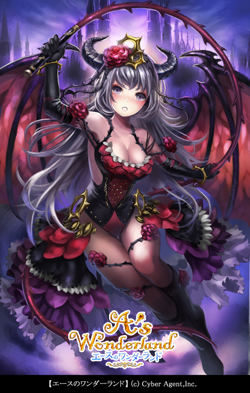 1girl, a's_wonderland, blush, bracelet, breasts, cleavage, collarbone, copyright_name, demon_horns, demon_wings, elbow_gloves, flower, gloves, grey_hair, hair_flower, hair_ornament, horns, jewelry, long_hair, open_mouth, rose, solo, terai_(teraimorimori), thorned_whip, thorns, violet_eyes, watermark, whip, wings