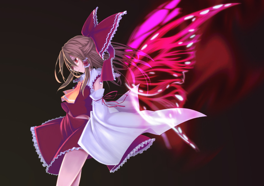 bad_id, bow, brown_hair, butterfly_wings, colored_eyelashes, detached_sleeves, expressionless, eyelashes
