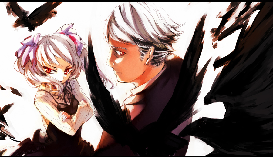 hair_ribbon, okome, red_eyes, ribbon, shunsei_(muratou), silver_hair, twintails