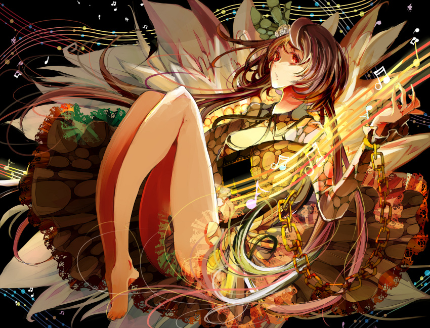 1girl, barefoot, biwa_lute, chain, flower, hair_flower, hair_ornament, highres
