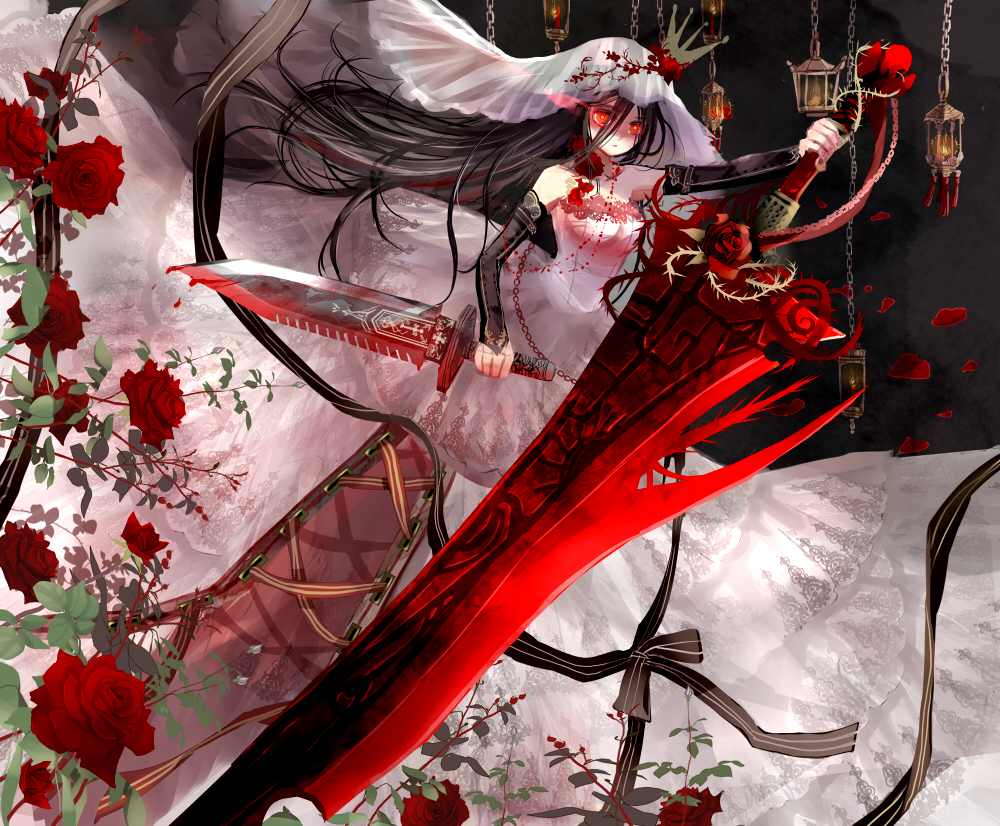 1girl, aiha-deko, bare_shoulders, black_background, black_hair, blood, bridal_gauntlets, bridal_veil