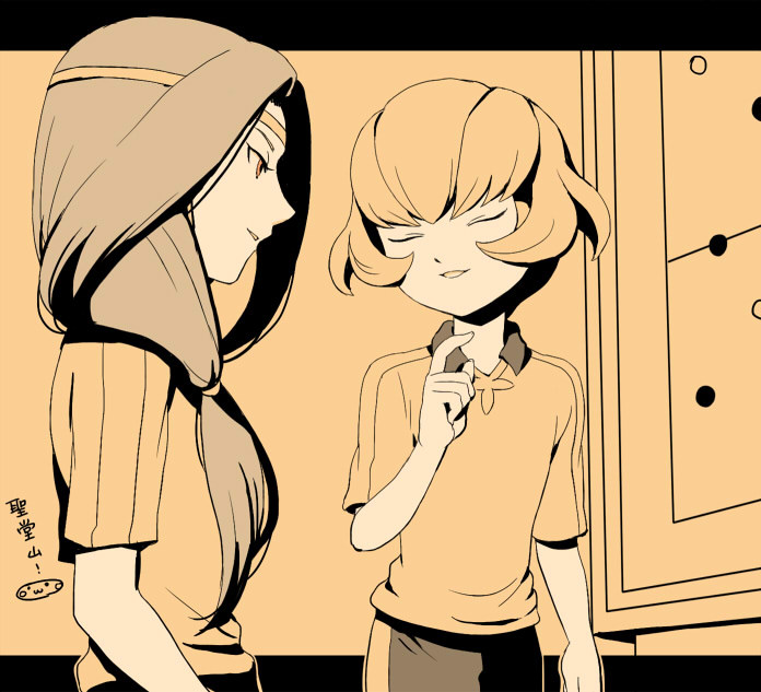 2boys, amase_reia, closed_eyes, headband, inazuma_eleven_(series), inazuma_eleven_go, kurosaki_makoto, letterboxed