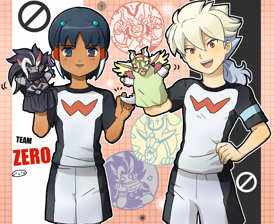 !, 2boys, ?, ankokushin_dark_exodus, hair_ornament, hakuryuu_(inazuma_eleven), hand_puppet, inazuma_eleven_(series)