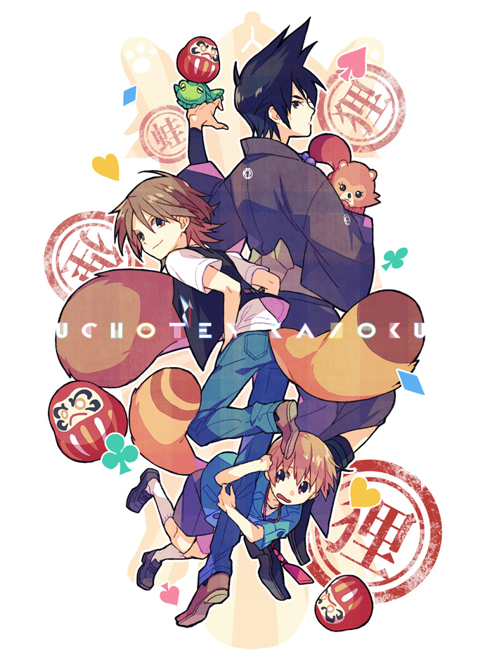 1girl, 4boys, black_hair, brothers, brown_hair, clubs, copyright_name, daruma_doll
