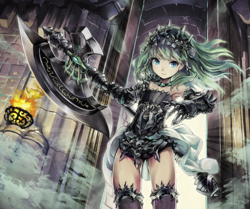 1girl, armor, bare_shoulders, battle_axe, black_legwear, blue_eyes, bodysuit, elbow_gloves