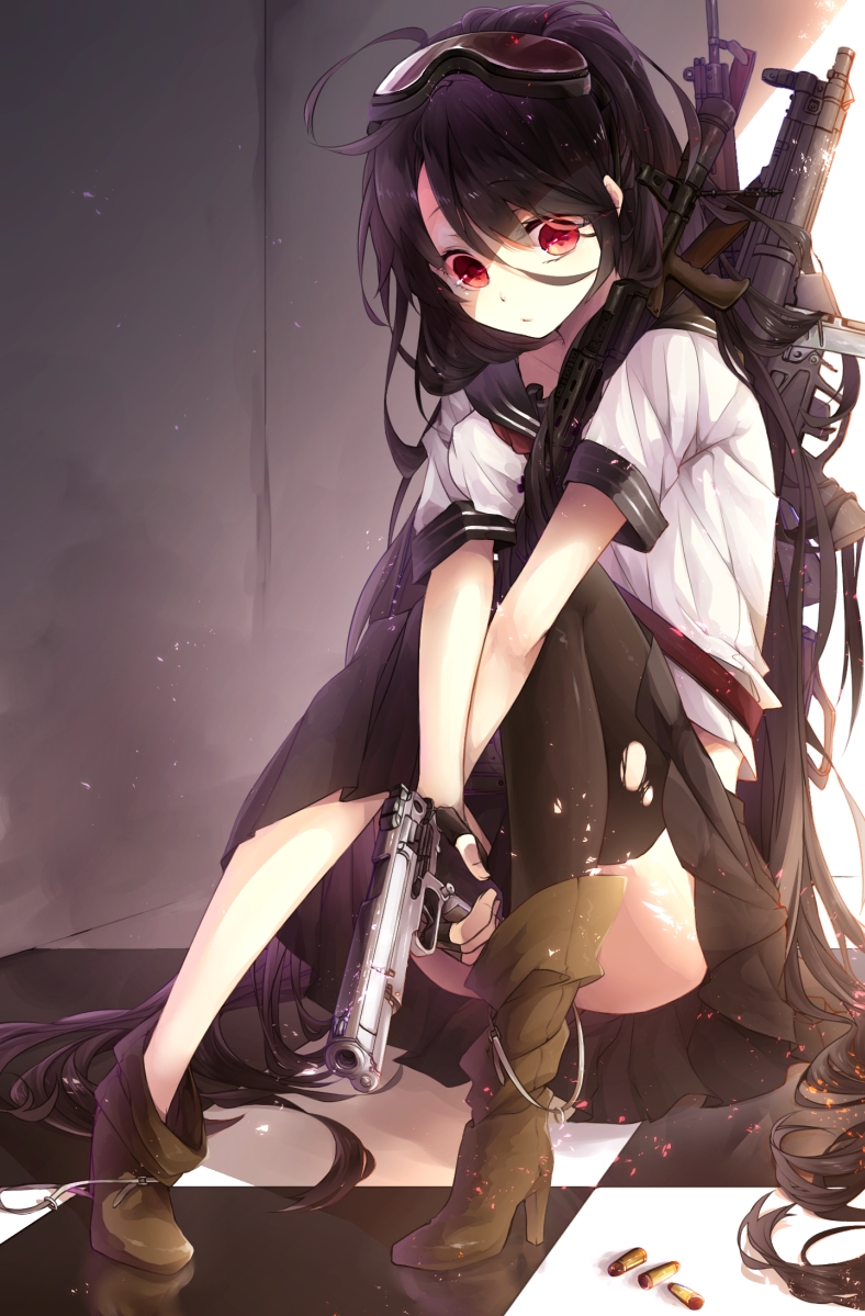 1girl, assault_rifle, black_hair, black_legwear, boots, goggles, goggles_on_head, gun
