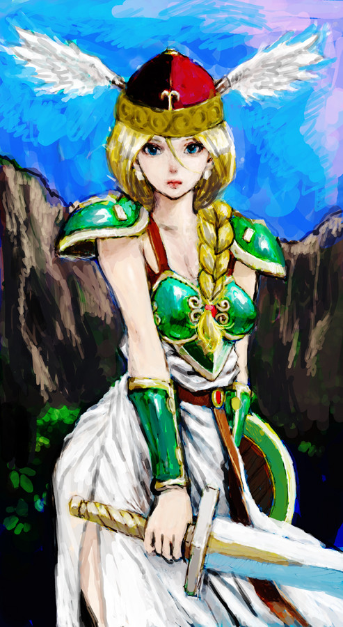 1girl, arm_guards, armor, armored_dress, blonde_hair, blue_eyes, braid, earrings