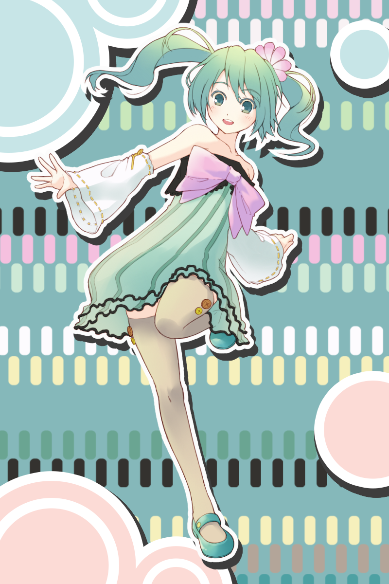 1girl, colorful_x_melody_(vocaloid), detached_sleeves, earmuffs, green_eyes, green_hair, hatsune_miku, highres