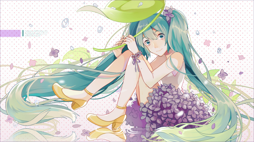 1girl, 2013, aqua_eyes, aqua_hair, character_name, dated, fen_renlei, giant_leaf, happy_birthday, hatsune_miku, high_heels, highres, leaf_umbrella, long_hair, looking_at_viewer, sitting, solo, twintails, very_long_hair, vocaloid