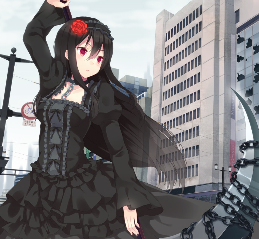 1girl, black_dress, black_hair, broken_window, building, chain, choker, city