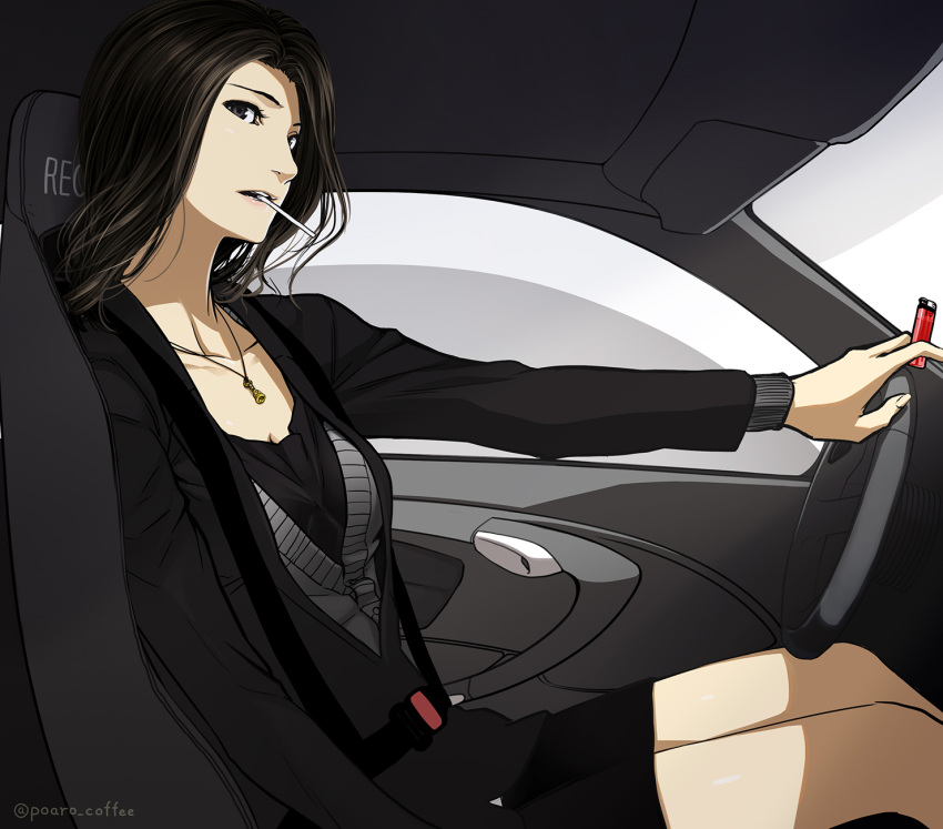 1girl, black_eyes, black_hair, car, car_interior, cigarette, cigarette_lighter, driving