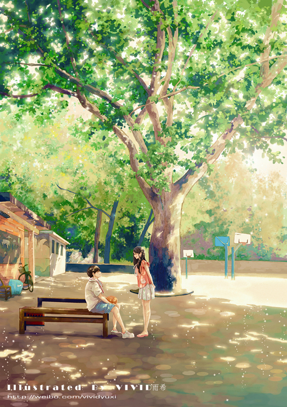 1boy, 1girl, artist_name, basketball, basketball_hoop, bench, bicycle, original, tree, tree_shade, vividyuxi, watermark, web_address