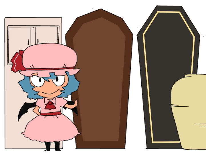 1girl, ascot, bat_wings, blue_hair, coffin, collection, hat, hat_ribbon