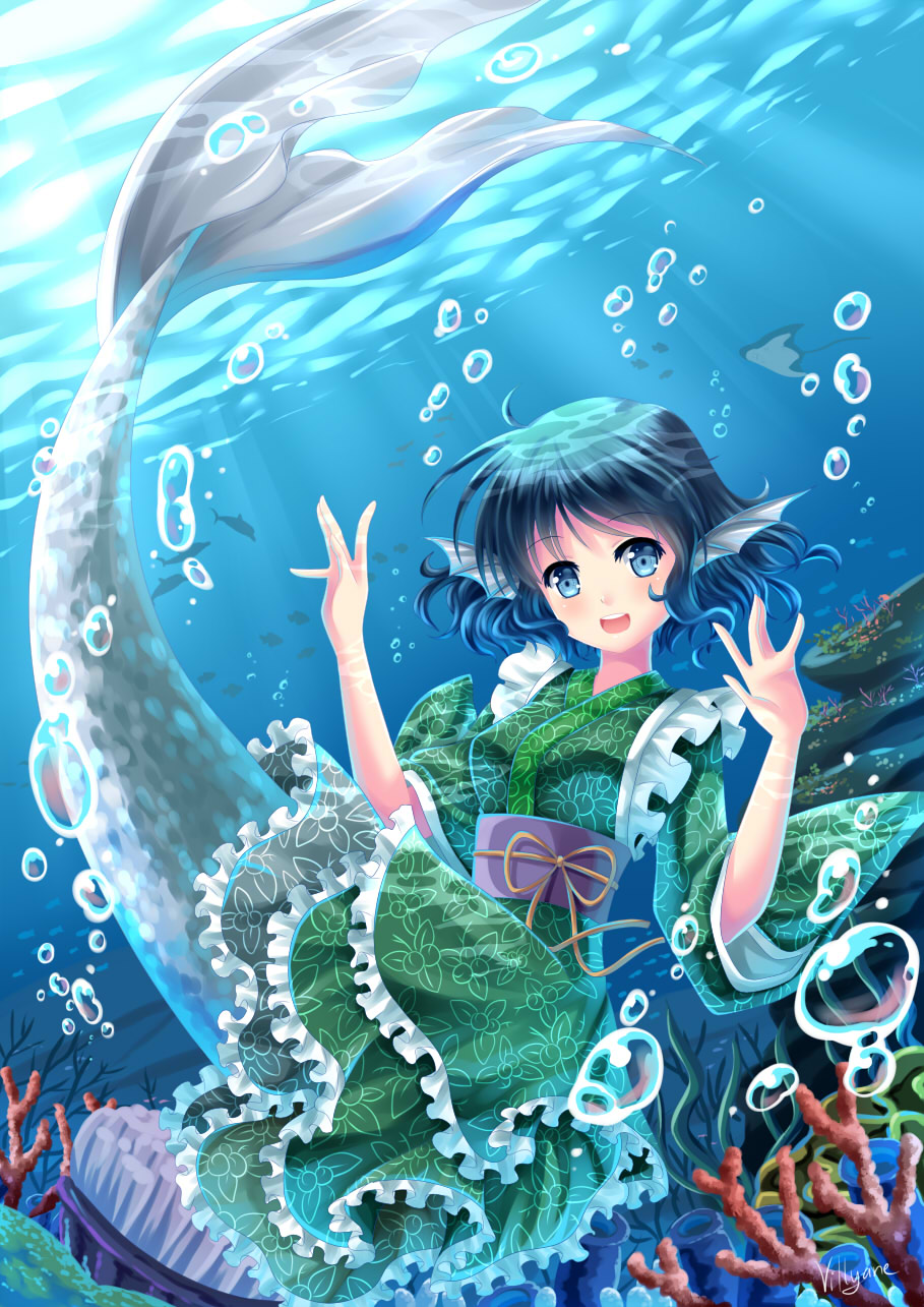 1girl, blue_eyes, blue_hair, bubble, coral, dolphin, fish, floral_print