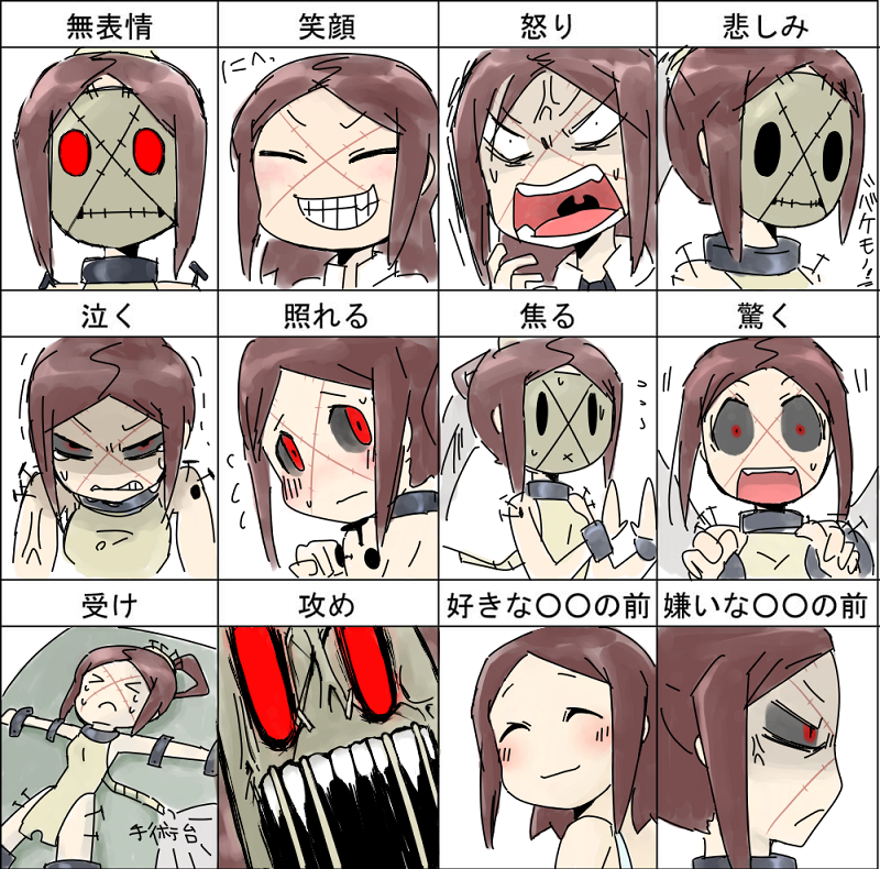 anger_vein, angry, black_sclera, brown_hair, chart, expressions, kasugai_(de-tteiu), mask