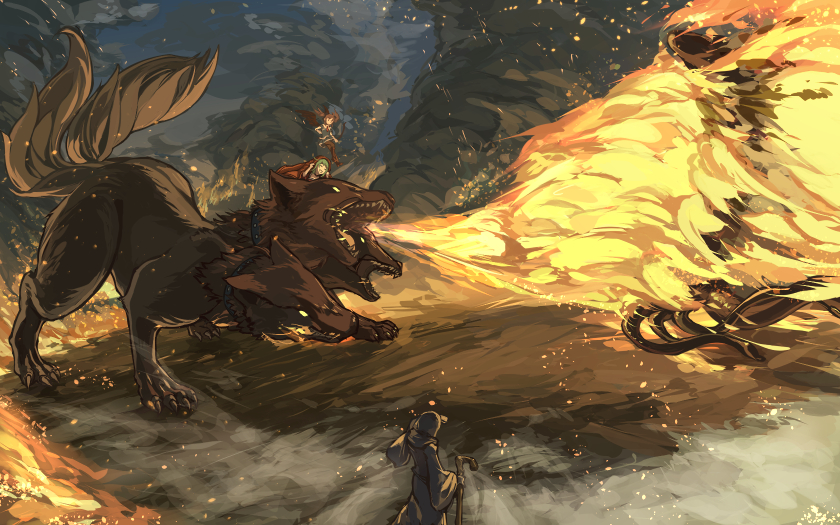 battle, black_angel_(elona), cerberus, elona, exile_(elona), fighting, fire, flame