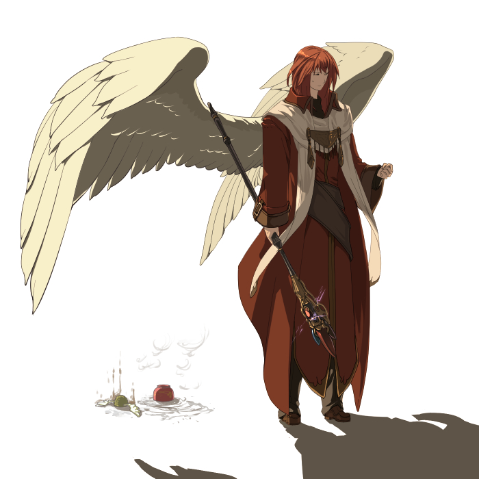 1boy, angel_wings, bird, bowl, elona, god, itzpalt_of_element, kiwi