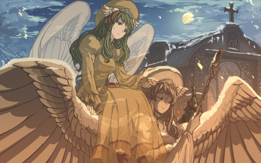 1girl, angel_wings, christmas_tree, church, dress, elona, hat, jure_of_healing