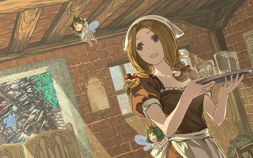 bar_maid, building, cute_fairy_(elona), drinking_glass, elona, fairy, platter, rubble, rueken