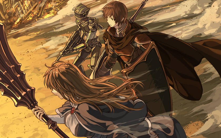 android_(elona), armor, battle, cape, defender_(elona), dust, elona, fire