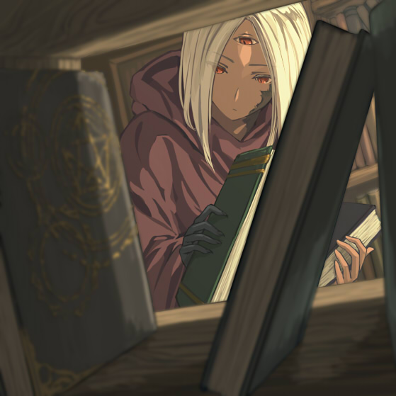 book, elona, exile_(elona), hooded_cloak, rueken, scar, shelf, third_eye