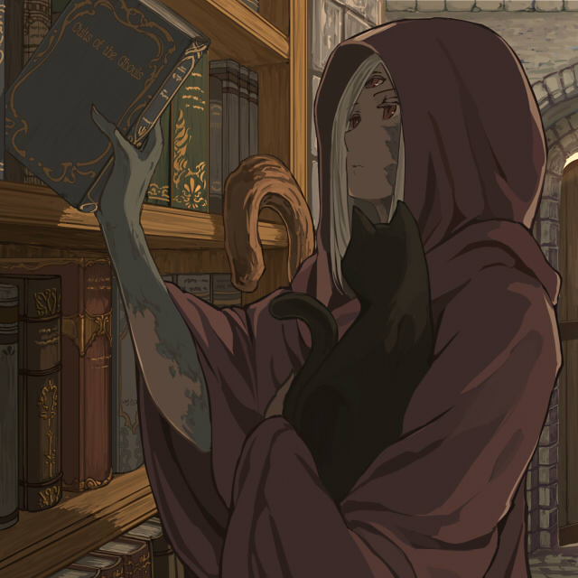 black_cat, book, cat, elona, exile_(elona), hooded_cloak, rueken, scar, shelf, third_eye, white_hair