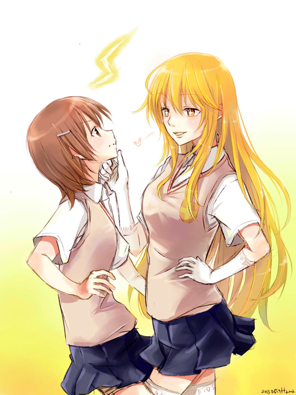 +_+, 2girls, blonde_hair, brown_eyes, brown_hair, electricity, gloves, hair_ornament, hairpin, hand_on_another's_chin, lllllsual, long_hair, misaka_mikoto, multiple_girls, school_uniform, shokuhou_misaki, skirt, to_aru_kagaku_no_railgun, to_aru_majutsu_no_index, yellow_eyes