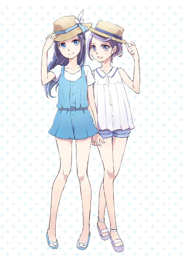 2girls, alternate_costume, bare_legs, blue_eyes, blue_hair, dokidoki!_precure, hat, hishikawa_rikka, holding, holding_hands, holding_hat, interlocked_fingers, kenzaki_makoto, long_hair, multiple_girls, precure, purple_hair, sandals, short_hair, short_sleeves, shorts, sioagya, sleeveless, smile, standing, violet_eyes