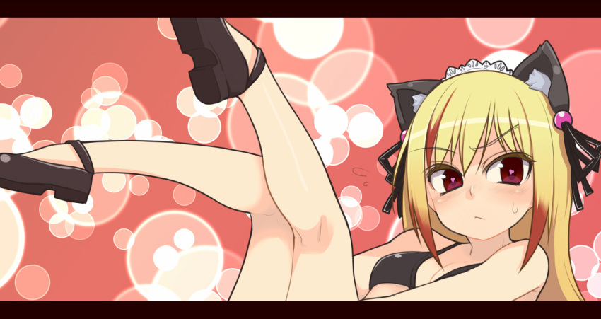 1girl, animal_ears, beatmania, beatmania_iidx, bikini, black_bikini, blonde_hair, blush, bubble, cat_ears, hair_ornament, hair_ribbon, heart, heart-shaped_pupils, leg_hug, legs_up, long_hair, oza_watto, red_eyes, ribbon, shoes, sitting, solo, swimsuit, symbol-shaped_pupils, the_knee_socks_princess_of_glass