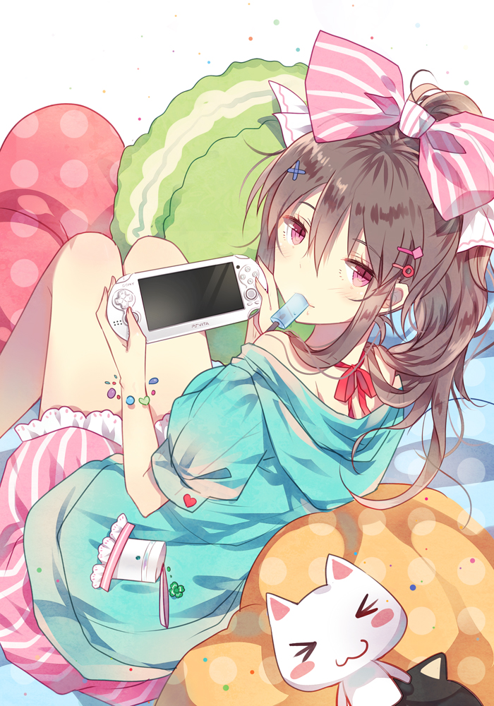 1girl, bow, bracelet, brown_hair, character_doll, doko_demo_issho, domotolain, hair_bow