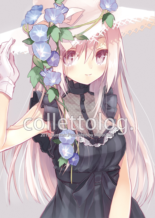 1girl, artist_name, black_dress, blonde_hair, blush, dress, flower, gloves