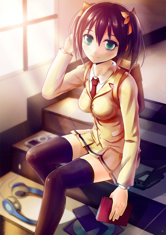 1girl, alternate_breast_size, alternate_legwear, backpack, bag, bags_under_eyes, beats_by_dr._dre, black_hair, black_legwear, blush, book, bow, breasts, green_(pixiv4667708), green_eyes, hair_bow, hair_over_one_eye, headphones, kuroki_tomoko, long_hair, necktie, nintendo_ds, school_uniform, sitting, skirt, smile, solo, stairs, thighhighs, twintails, watashi_ga_motenai_no_wa_dou_kangaetemo_omaera_ga_warui!