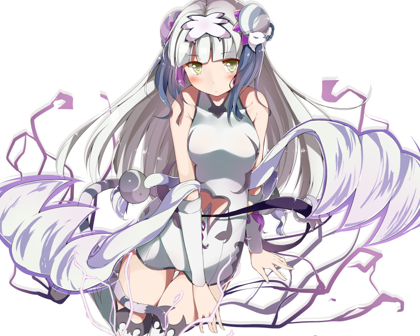 1girl, bare_shoulders, blue_hair, cat_hair_ornament, chinese_clothes, double_bun, haku_(p&amp;d), highres