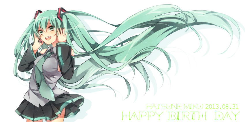 1girl, aqua_eyes, aqua_hair, detached_sleeves, hands_on_headphones, hatsune_miku, headphones, highres