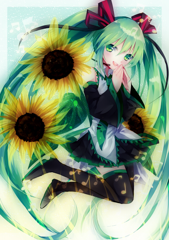1girl, aqua_eyes, aqua_hair, boots, detached_sleeves, flower, green_eyes, green_hair, hatobue, hatsune_miku, headset, long_hair, musical_note, necktie, open_mouth, skirt, smile, solo, sunflower, thigh_boots, thighhighs, twintails, very_long_hair, vocaloid
