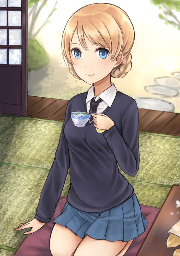1girl, arm_support, blonde_hair, blue_eyes, braid, cup, darjeeling, dress_shirt