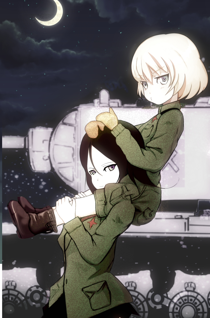 2girls, :t, blonde_hair, blue_eyes, blush, boots, brown_hair, clouds