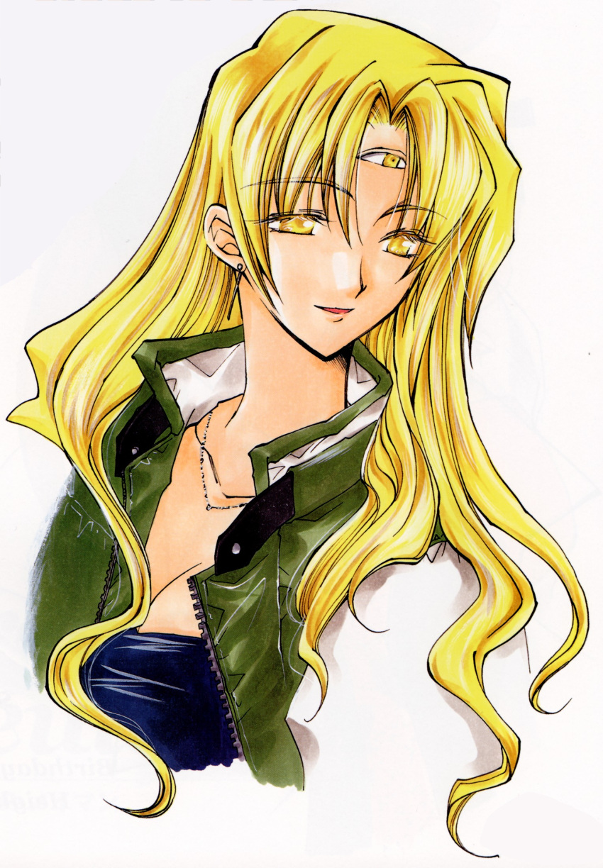 1girl, azuma_mayumi, blonde_hair, bust, earrings, highres, jacket, jewelry