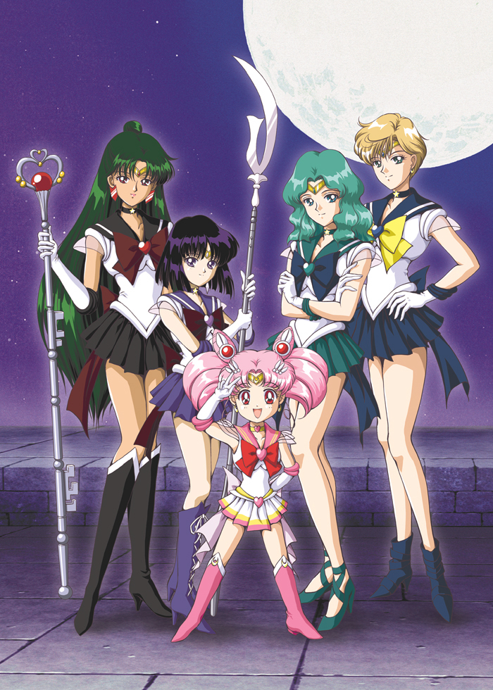 5girls, aqua_hair, bishoujo_senshi_sailor_moon, black_dress, black_hair, blonde_hair, blue_eyes, boots, bow, brooch, chibi_usa, choker, cross-laced_footwear, crossed_arms, double_bun, dress, earrings, elbow_gloves, full_moon, gloves, green_hair, hair_bun, hair_ornament, hairpin, half_updo, hand_on_hip, height_difference, jewelry, kaiou_michiru, knee_boots, lace-up_boots, long_hair, magical_girl, meiou_setsuna, moon, multiple_girls, outer_senshi, pink_hair, polearm, red_eyes, ribbon, sailor_chibi_moon, sailor_collar, sailor_neptune, sailor_pluto, sailor_saturn, sailor_senshi, sailor_uranus, shoes, short_hair, silence_glaive, skirt, smile, spear, staff, super_sailor_chibi_moon, super_sailor_neptune, super_sailor_pluto, super_sailor_saturn, super_sailor_uranus, tan, ten'ou_haruka, tiara, time_staff, tomoe_hotaru, twintails, v, violet_eyes, weapon, white_gloves