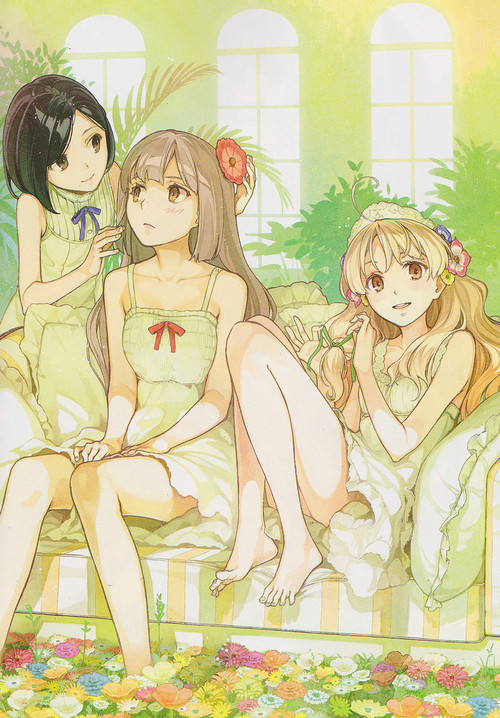3girls, ahoge, alternate_costume, atelier_(series), atelier_ayesha, ayesha_altugle, barefoot, black_hair