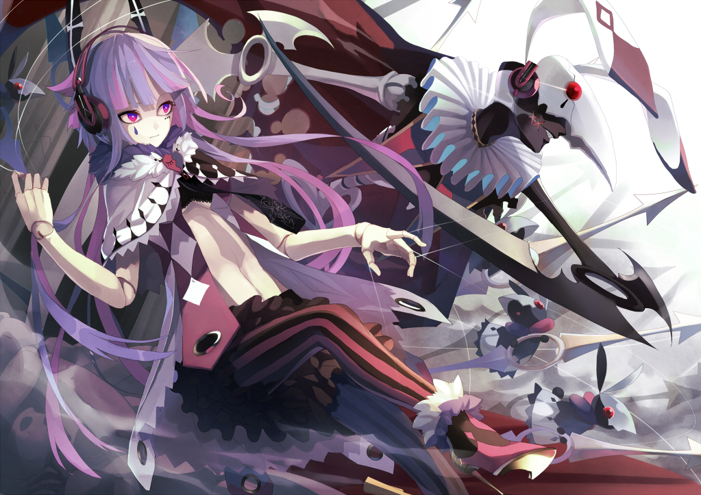 1girl, animal_ears, asymmetrical_clothes, capelet, doll, doll_joints, headphones, kyousuke_(pixiv537612)