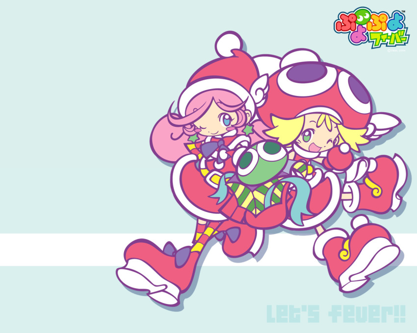2004, 2girls, ;d, amitie, amitie_(puyopuyo), blonde_hair, blue_background, blue_eyes